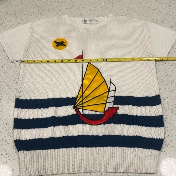 Vintage BARBRA SUE Nautical White and Navy Crew Neck Sweater | Short Sleeves | M - Picture 7 of 12